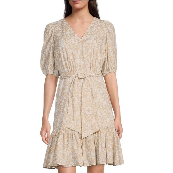 New Calvin Klein Beige Patterned Midi Dress - Picture 1 of 12